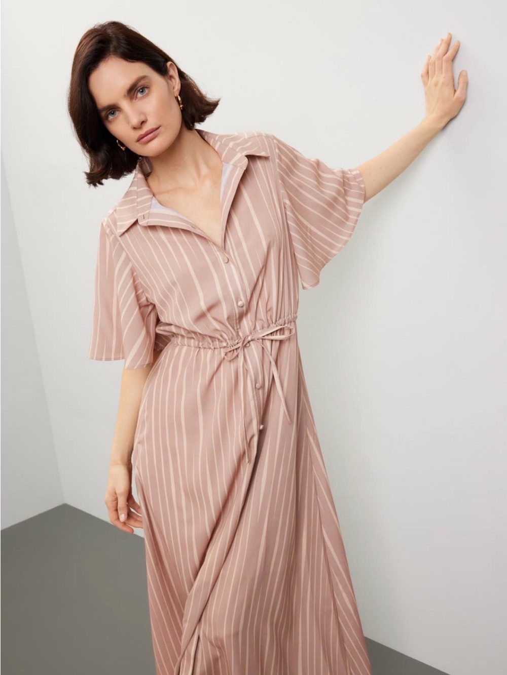 Hutch Leyton Pink Stripe Satin Shirt Maxi Dress Buttons and Drawstring Sz Small - Picture 3 of 5